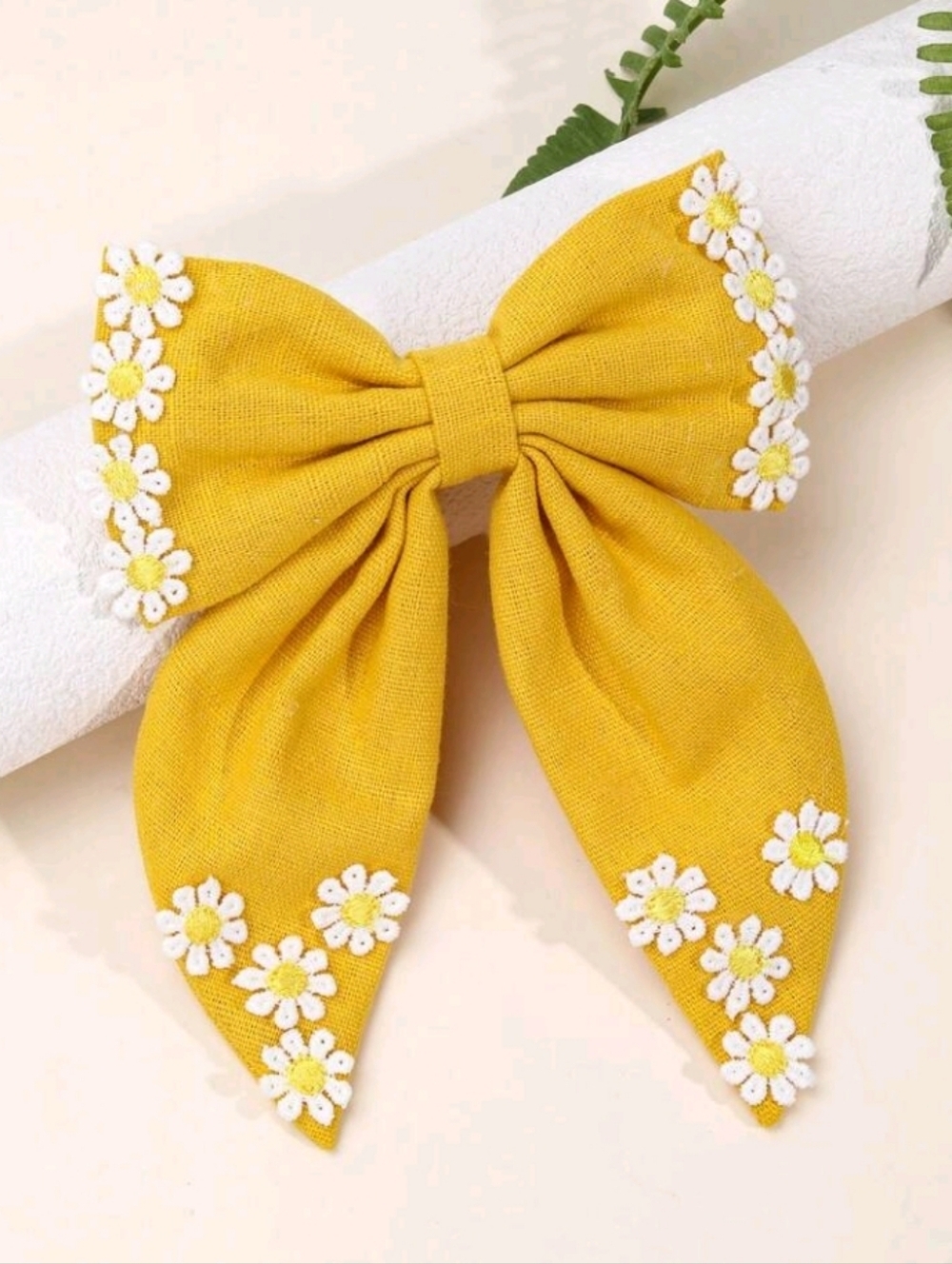 New Yellow Daisy Embroidered Linen Blend Hair Bow Clip